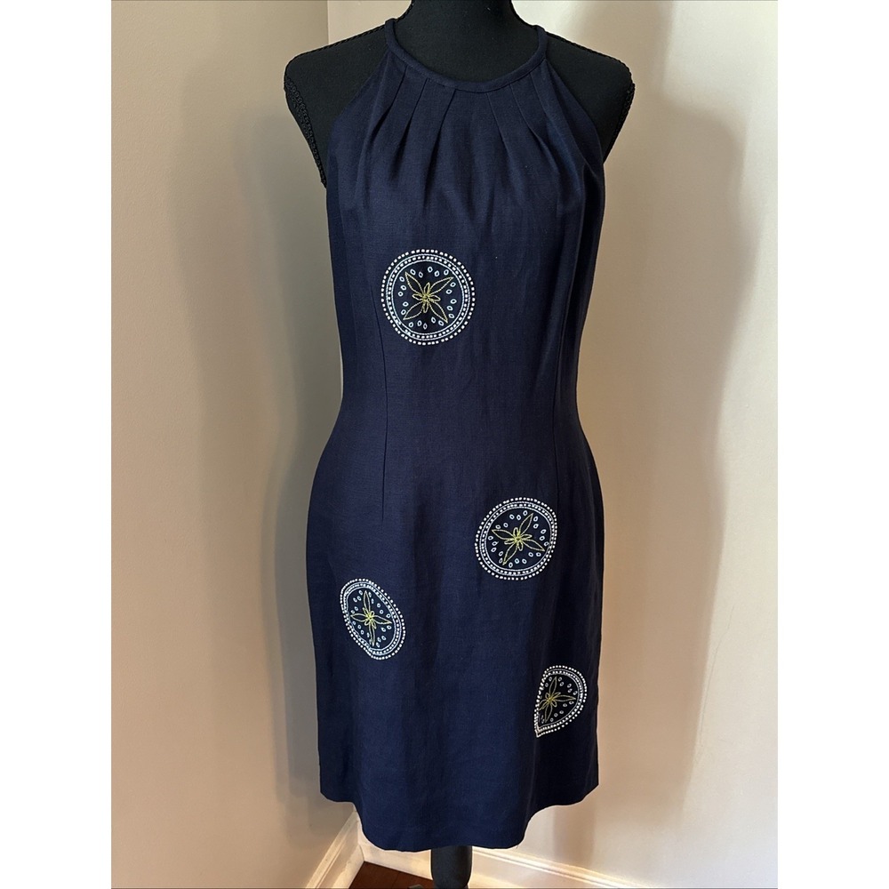 Augusta Silk Dress Navy Blue Linen embroidered Halter Midi Dress Sleeveless Sz 4